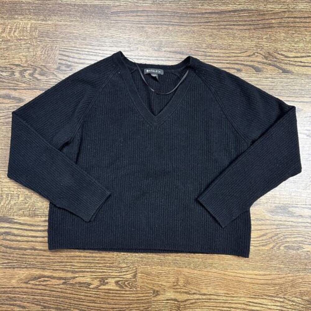 Athleta Hanover Sweater Womens Small Black V‎ Neck Ribbed Knit Pullover Top